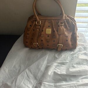 MCM Brown Leather Satchel with Gold Accents
